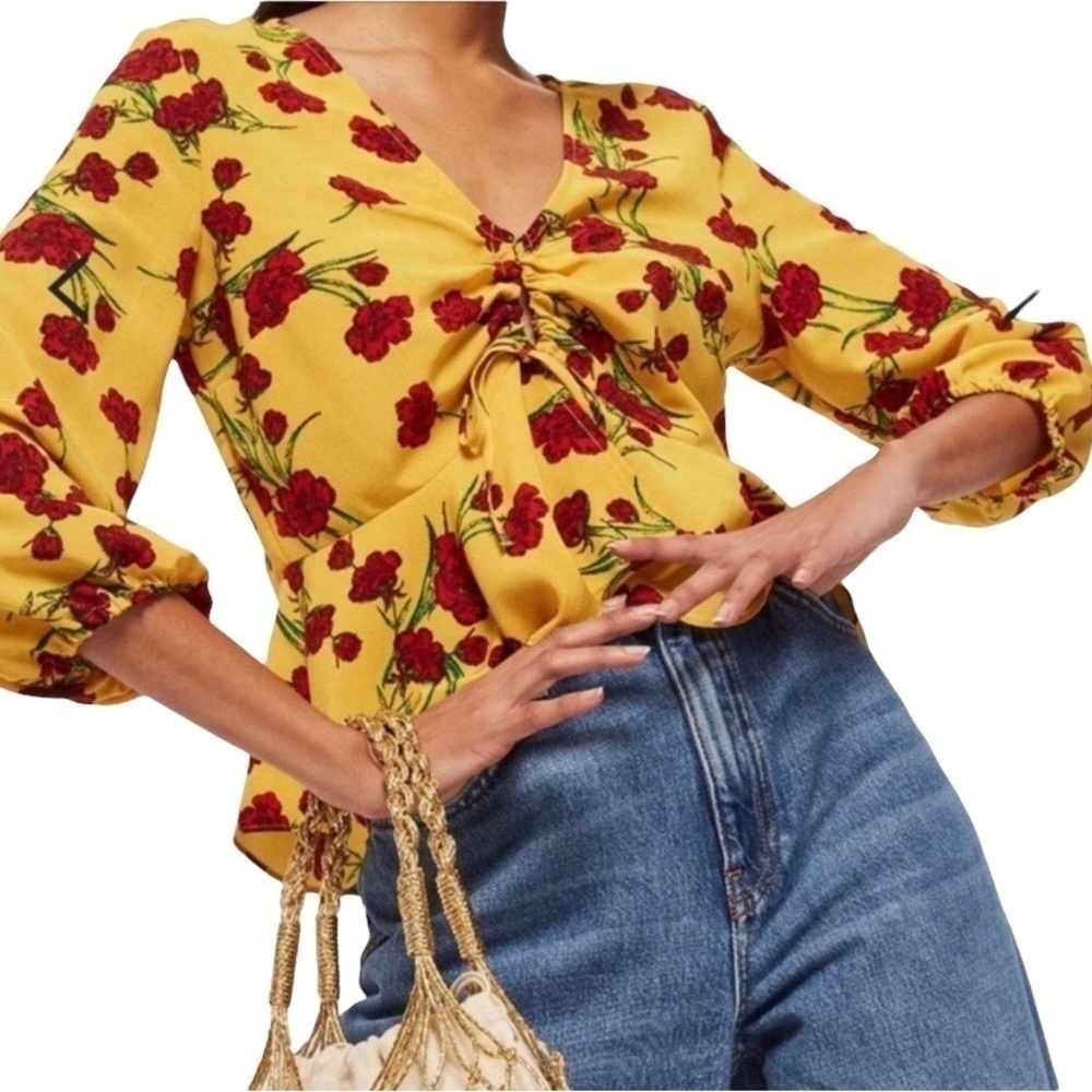 Topshop Yellow Button and Tie-front Floral Print Blouse - Size 2